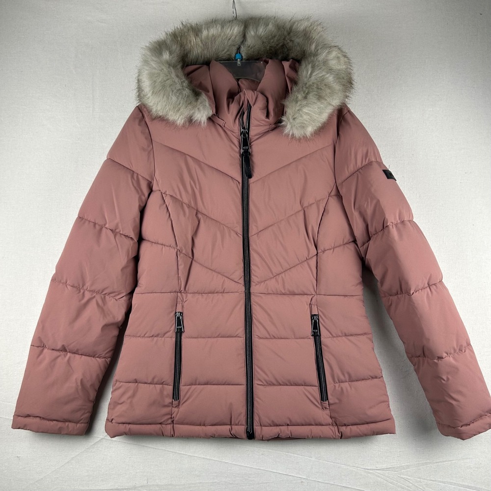 DKNY Womens Dusty Rose Pink Faux Fur Trim Hooded Puffer Jacket Small